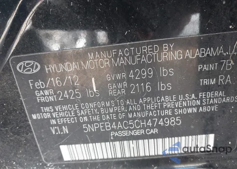 2012 Hyundai Sonata Gls from USA, damaged, VIN 5NPEB4AC5CH474985